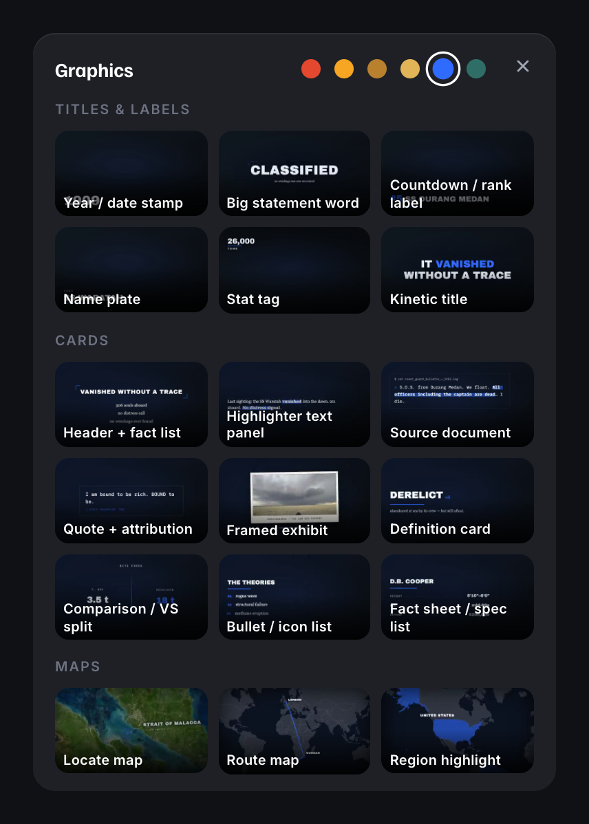 Graphics library showing themes, titles, cards, and maps